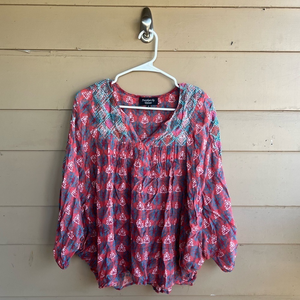 Anthropologie Feathers by Tolani Boho Blouse M Embroidered Hippie Modest Casual